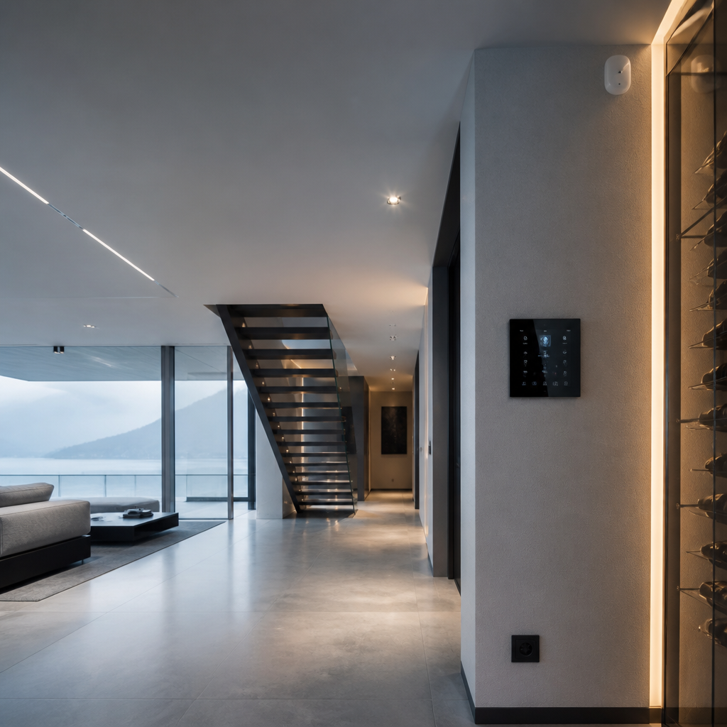 Modern interior hallway with floating staircase, glass wall, and cozy living room overlooking a lake.