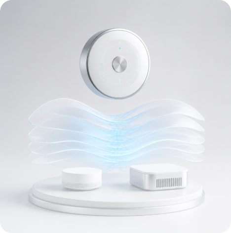 Modern smart thermostat and two white smart home devices on a round platform with blue wavy light effects.
